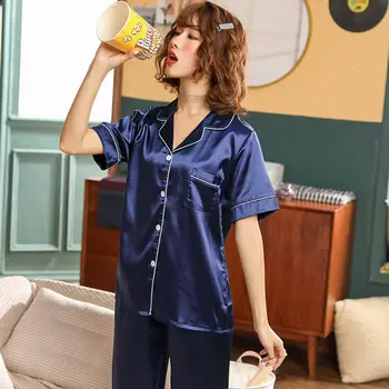 

Fashion 2-Piece Sexy Women's Pajama Sets 2020 New Sexy Ladies Long Sleeves Satin Top Pants Smooth Soft Nightwear Women Sleepwear