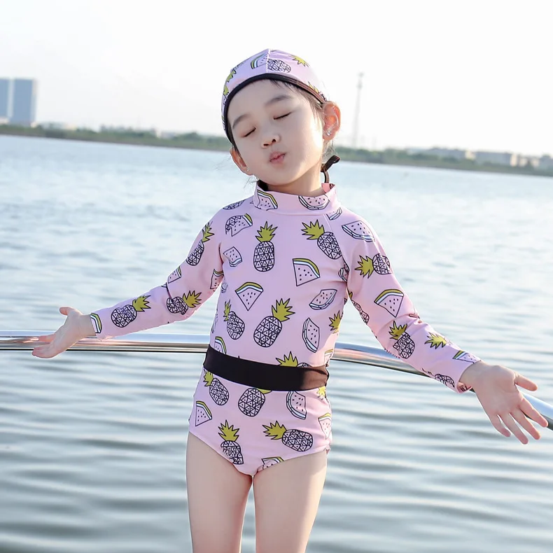 Детский купальный костюм для девочек; цельный бикини; коллекция года; кружевной купальник с оборками и рукавами для маленьких девочек; пляжные купальные костюмы