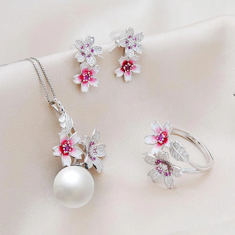 MeiBaPJ Настоящее серебро 925 проба розовый цветок ювелирный набор натуральный круглый жемчуг кулон кольцо и серьги Свадебные украшения для женщин - Цвет камня: Set