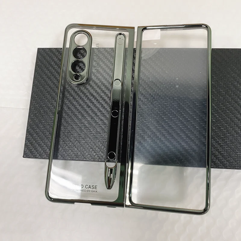 kawaii samsung cases Front Tempered Glass Transparent Case for Samsung galaxy Z Fold 3 5G Cover Plating Frame Hard Clear S Pen Slot Holder Back Case best case for samsung