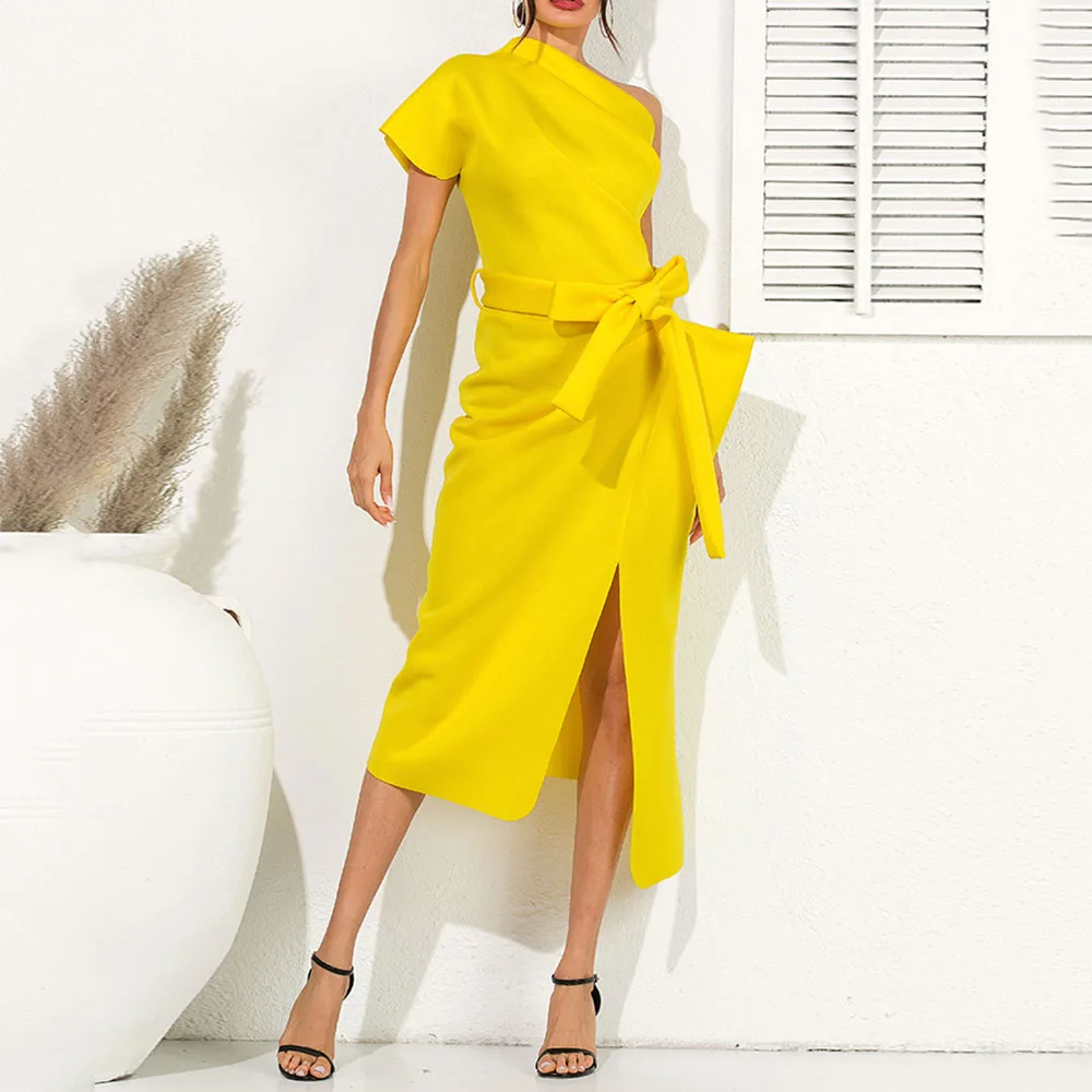 Летнее Африканское белое сексуальное Клубное пляжное женское платье миди с оборками, асимметричное офисное женское тонкое платье на молнии - Цвет: Цвет: желтый