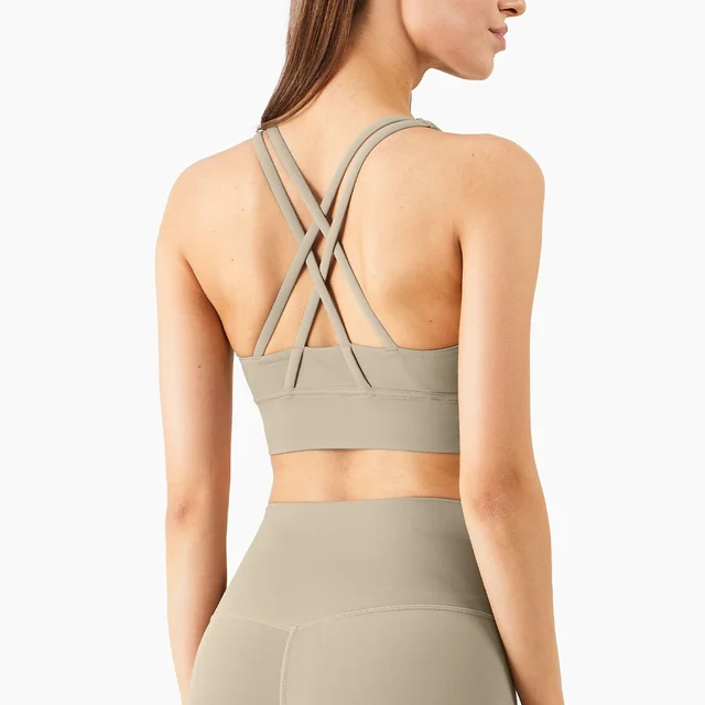Lulu Hot Sell Gym Yoga Vest Athletic Fitness Women Sports Bra Solid Color Cross Sexy Tights Tank Top Butter Soft With Chest Pad Gravel