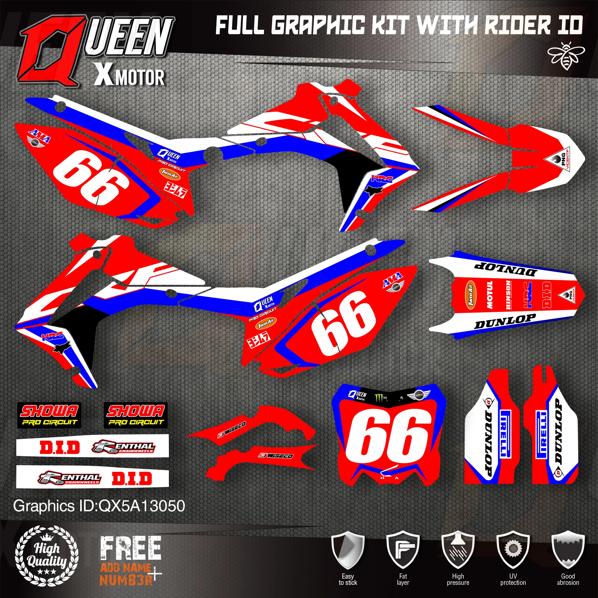 

QUEEN X MOTOR Custom Team Graphics Backgrounds Decals Stickers Kit For HONDA 2014-2017 CRF250R 2013-2016 CRF450R 050