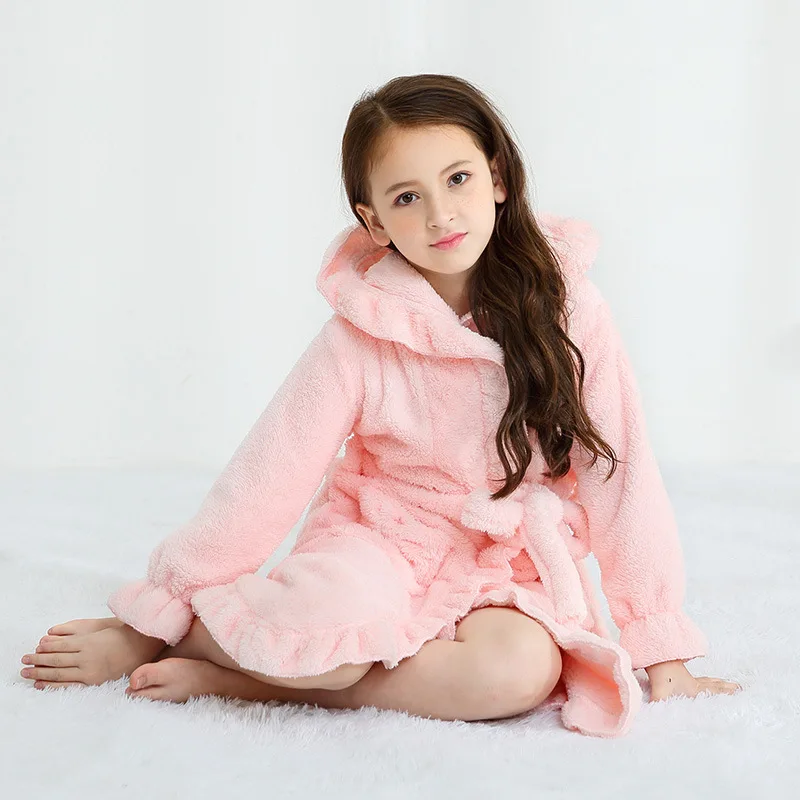 Toddler Baby Boys Girls Flannel Stringy Selvedge Bathrobe Children Sleepwear Hooded Bath Robes Night-robe Pajamas Kids' Clothes