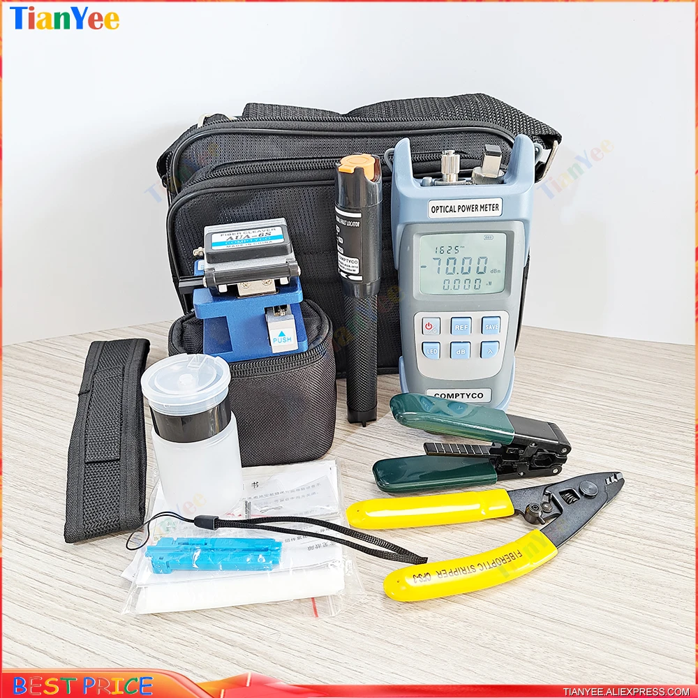 FTTH ToolKit with OPM -70~10dBm Optical Power Meter + AUA-6S Cleaver + 10MW VFL Visual Fault Locator + CFS-3 + Wire stripper fast connect fiber connectors