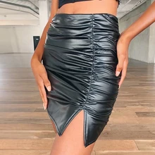 Осень зима черная мини юбка из искусственной кожи Высокая талия с рюшами сексуальная облегающая Клубная юбка размера плюс зимняя женская юбка
