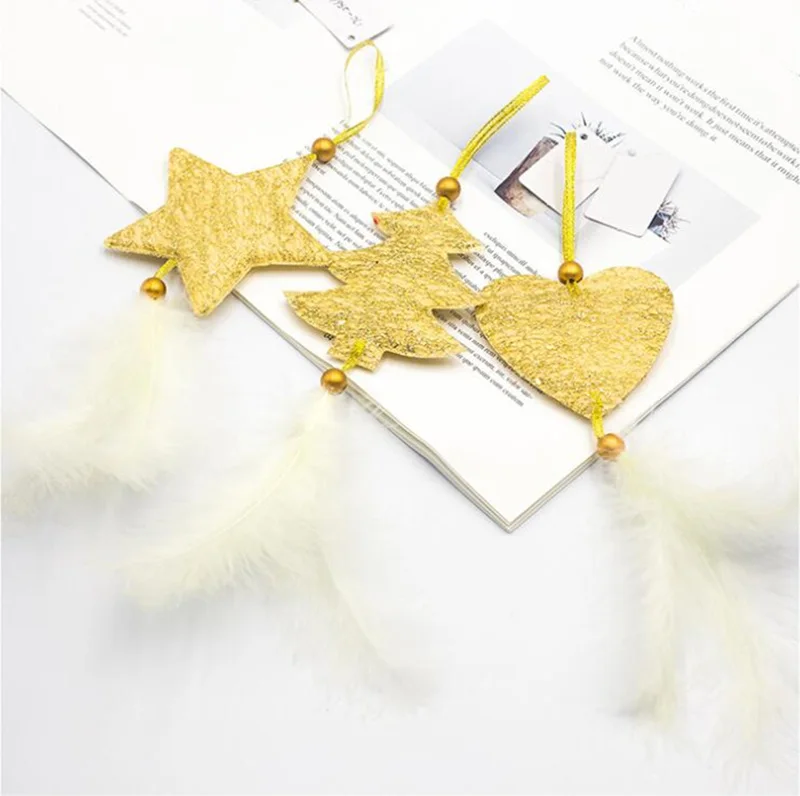 3pcs Christmas Decorations for Home Gold Silver Star Heart Christmas Tree Feather Pendant Xmas Ornaments New Year Decorations