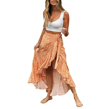 

Retro Beach Skirt 2020 New Fashion Women Floral Long Skirts Lady High Waist Bodycon Tie Ruffle Irregular One-piece Warps Holiday
