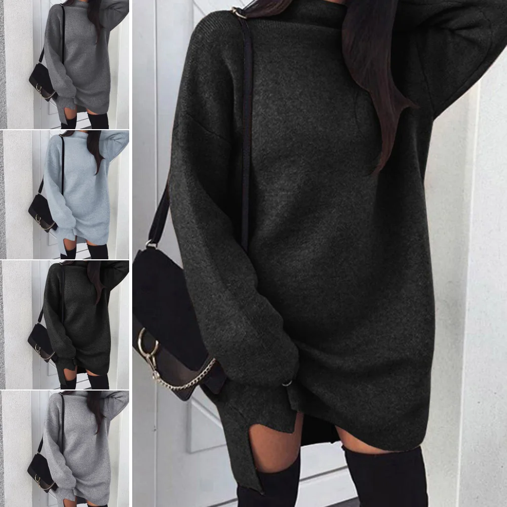 Платье-свитер, женские свитера, платье, зима-осень, Свободный вязаный свитер с длинным рукавом, свитер-водолазка, пуловер, джемпер средней длины