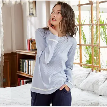 

2020 Spring Women Casual Pajama sets Female 100%Cotton Sleepwear suit Lovers Long Sleeve V-neck collar T shirt & Pants Plus size