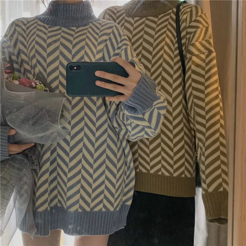 Neploe Harajuku винтажный свитер с высоким воротом Женская Корейская осенне-зимняя одежда длинный рукав вязаный негабаритный свитер пуловер 54905