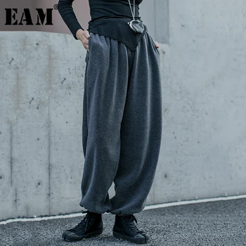 

[EAM] High Elastic Waist Gray Leisure Long Wide Leg Trousers New Loose Fit Pants Women Fashion Tide Spring Autumn 2020 19A-a827