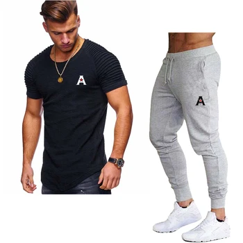 

Star fashion casual sports print men's wrinkled shoulder T-shirt casual sports pants fashion casual sports T-shirt Pants Set