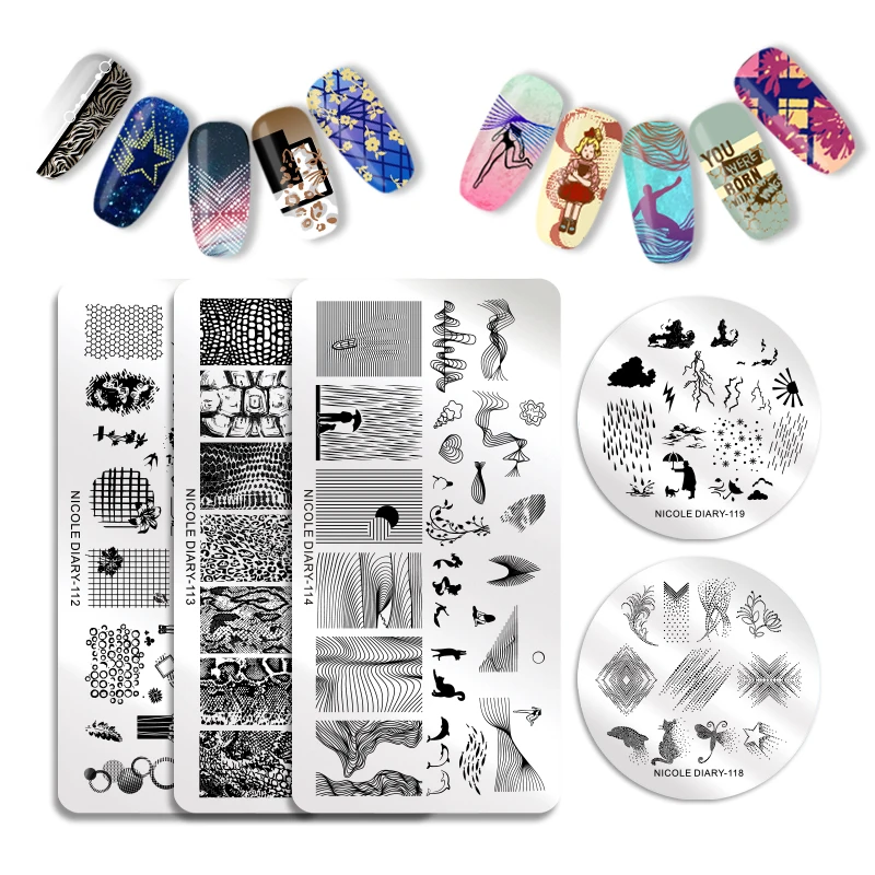 

NICOLE DIARY Nail Stamping Plates Template Plaid Flower Patterns Printing Design Stainless Steel Nail Art Image Stencil Big Size