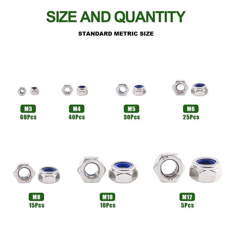 185Pcs 304 Stainless Steel Metric Nylon Insert Lock Nut Assortment Kit- 7 Sizes: M3 M4 M5 M6 M8 M10 M12