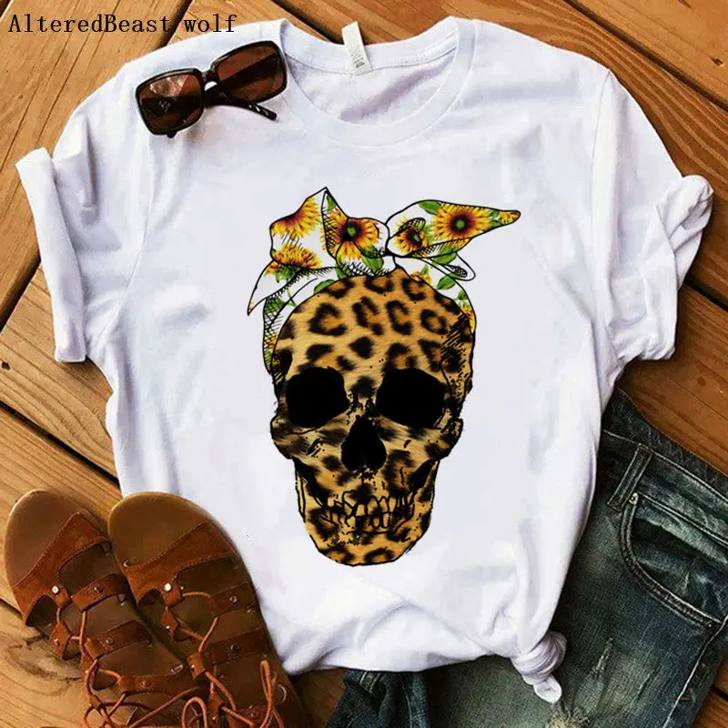 

Fashion Women T Shirt Bandana Skull Sunflowers T-shirt Leopard Print Tops Tee Casual Short Sleeve Female Punk Style Lady Tshirt
