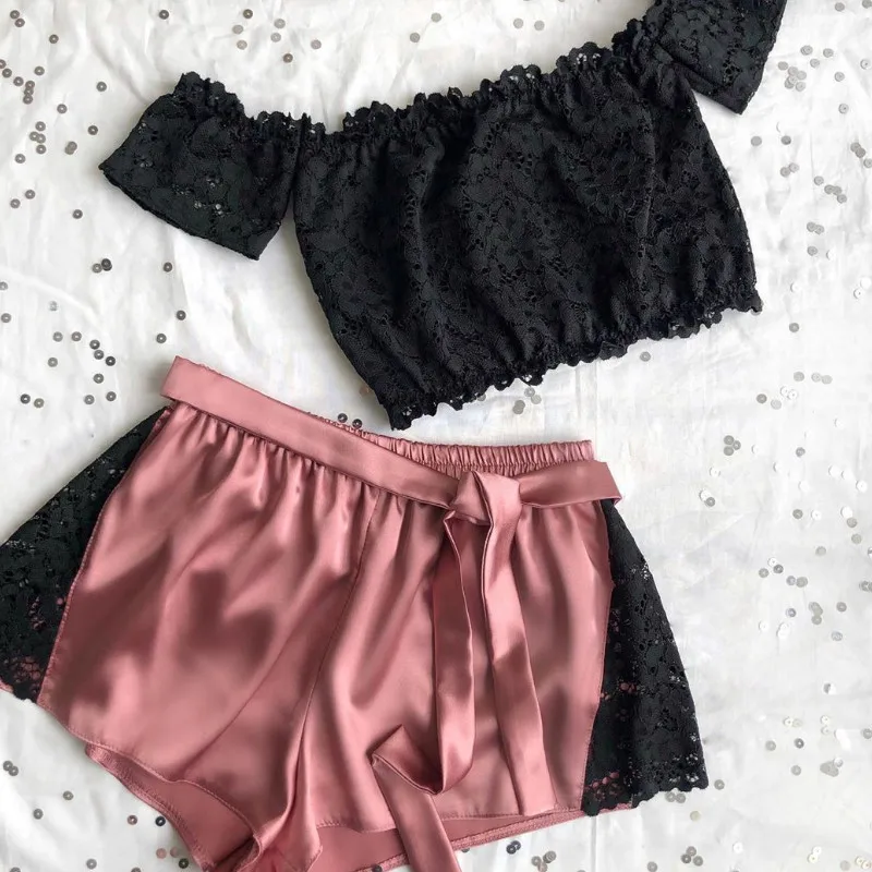 3PCS Women Lingerie Silk Lace Patchwork Robe Dress Babydoll Bandage Bowknot Nightdress Nightgown Sleepwear - Color: Black