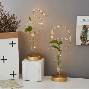 

Golden Flamingo Cactus Vase Night Light Plant Container Vase with Light Night Flower Glass Test Tube Lights for Home Decoration