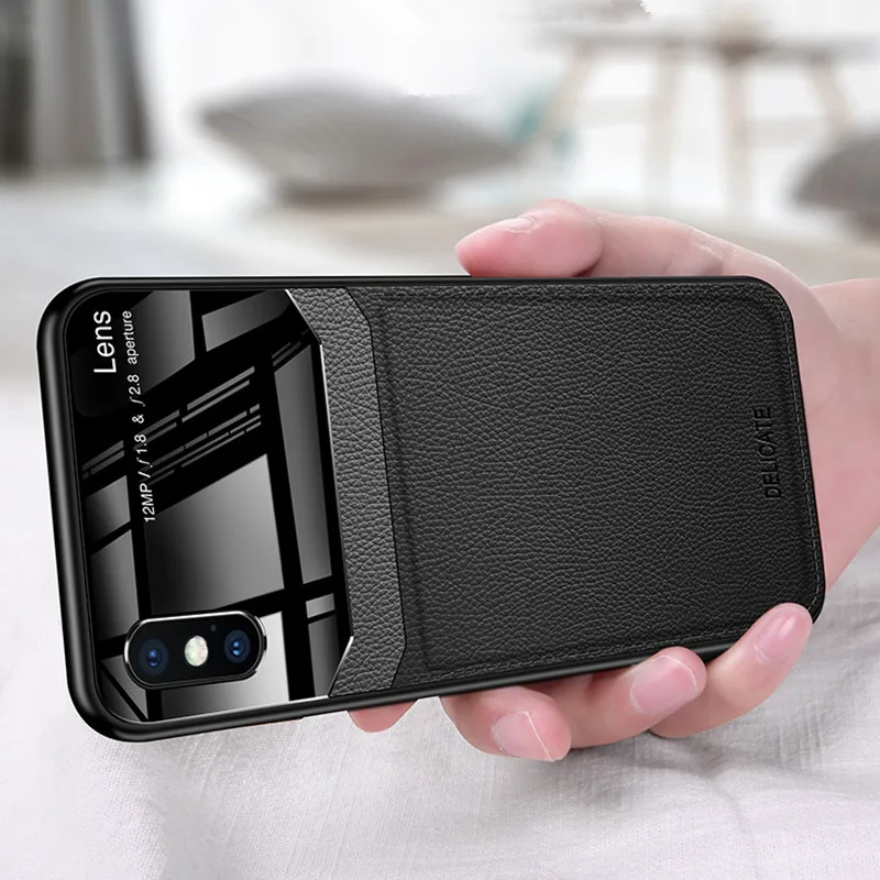 

Luxury Leather PU Silicone + Mirror Glass Case On The For iphone 7 8 6 6s PLus X Full Cover For iphone X Xr Xs Max Shockproof Bumper Case Coque