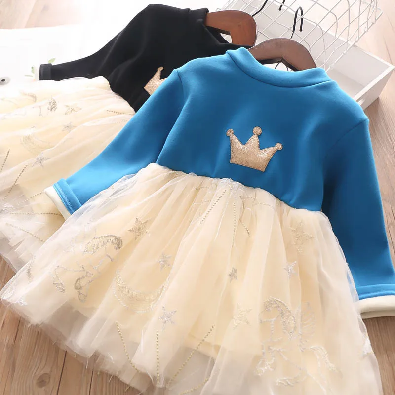 Child Kids Crown Fleece Lining Patchwork Tulle Clothing Blue Black Color Princess Western Party Tutu Lovely Girls Dresses