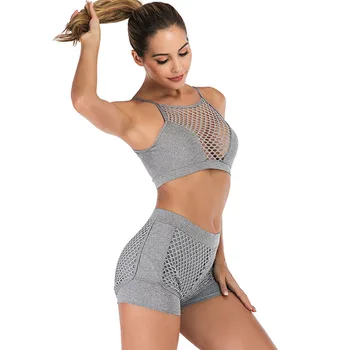 

Women Tops with Shorts Yoga Suit Mesh Hollow Out Breathable Slim Fit Clothing Set X85