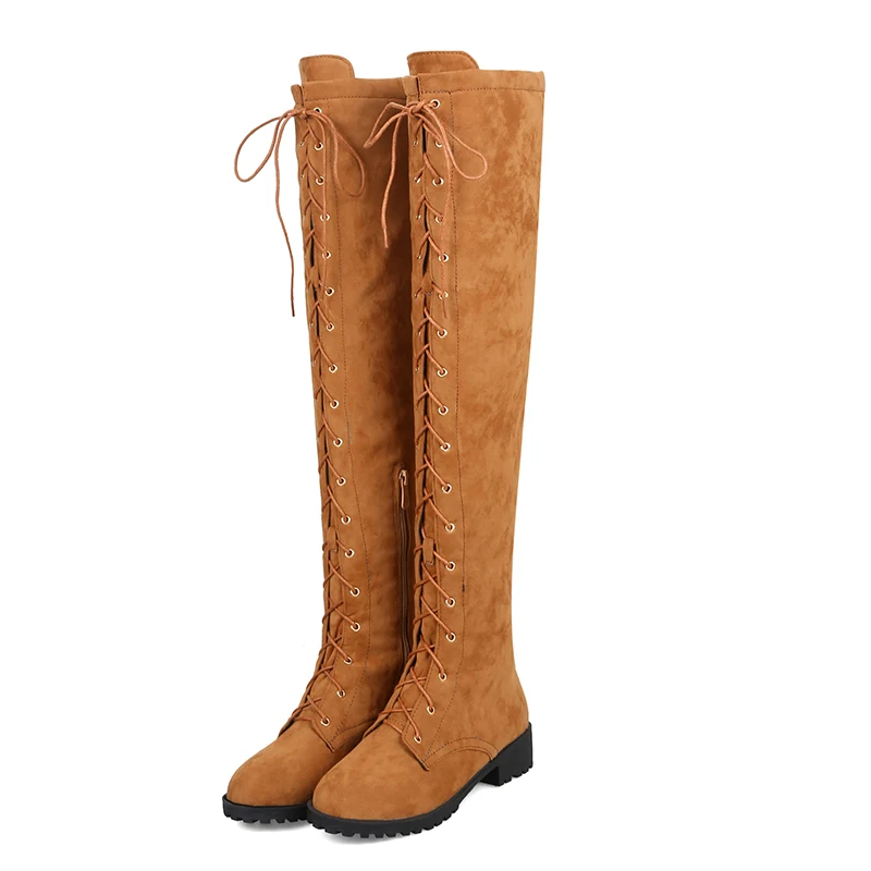 

Lucyever Women's Retro Knight Boots Cross Strap Square Heel Riding Boots Vintage Solid Faux Suede Over The Knee Botas Mujer