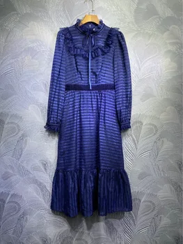 

2020 runway women autumn long sleeve navy blue dresses lace patchwork ruffles stand collar bow mid-calf dress y310