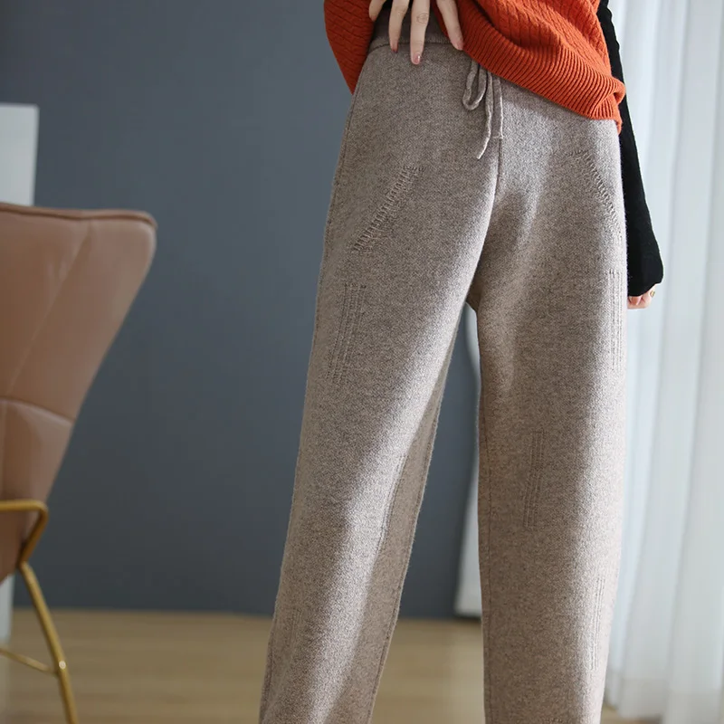

100% Merino Wool Pants Ladies High waist Trousers Autumn/ Winter Warm Knitted Wide-leg Pants Foot Pants Solid Color Pants
