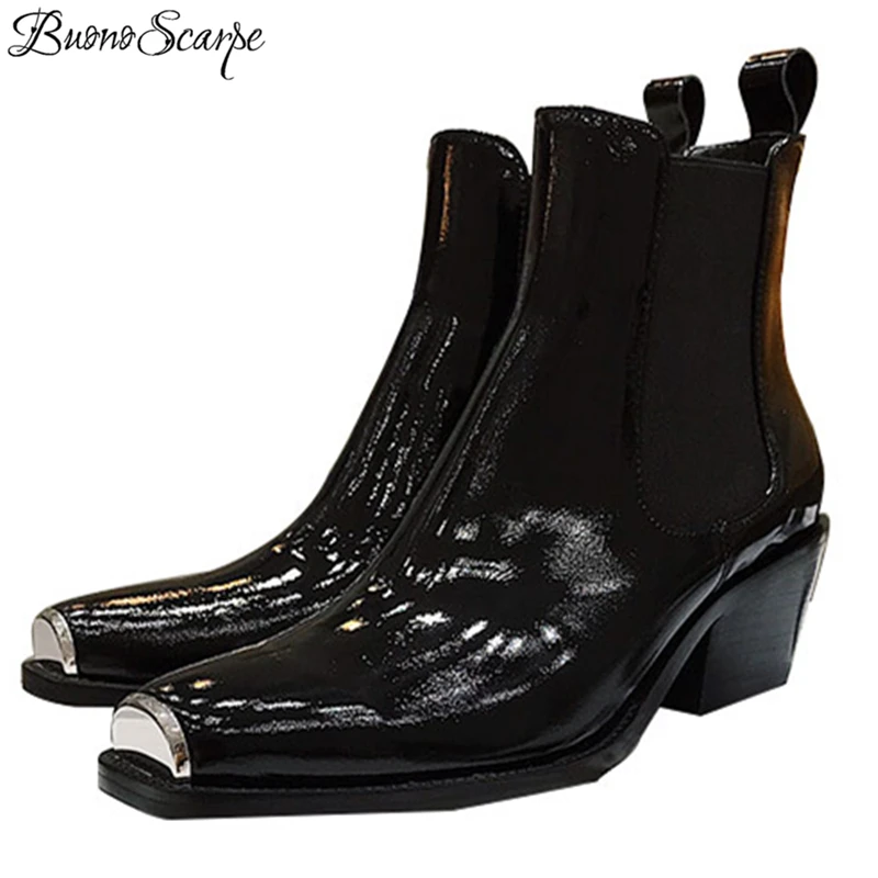 

Buono Scarpe Women Chelsea Boots Genuine Leather Ankle Boots Square Metal Toe Short Botas Mujer Elastic Band Chunky Heel Boots