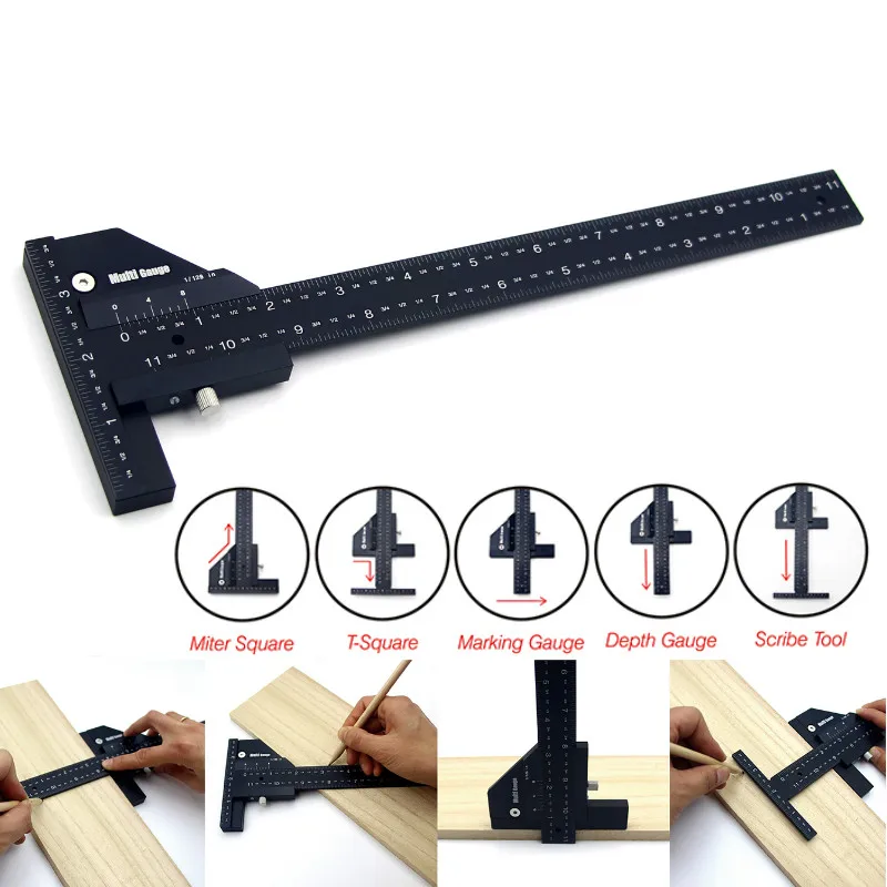 Multi Woodworking Sliding Gauge Aluminum Alloy Scribe Ruler Depth Gauge T-Square Scribing Measuring Tools Marking Gauge