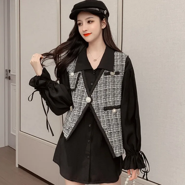 

2019 Autumn And Winter Elegant Graceful Tweed Diversity Diamond Set Buttons Waistcoat Bell Sleeve Shirt Two-Piece Set