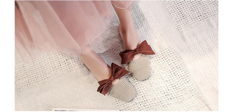 knitting square close chunky mules slides trendy casual bow-knot shallow slingback loafers breathable fly weave slippers autumn