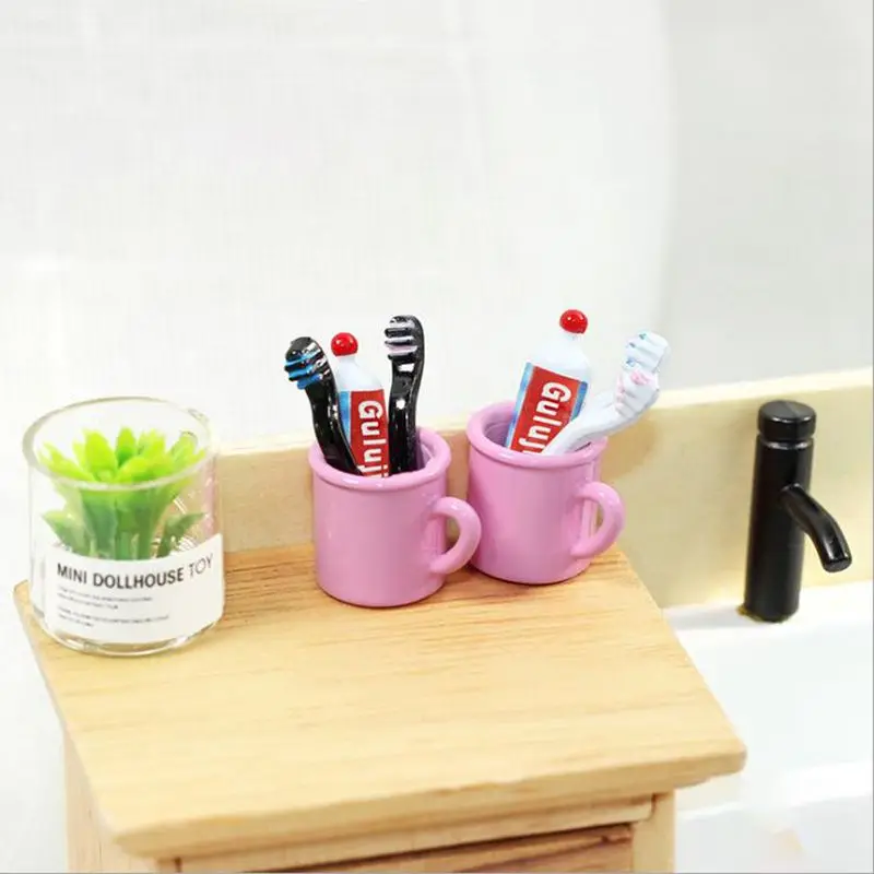 4 Pz/Set 1:1 Set Di Spazzolini Da Denti In Miniatura Mini Tazza Da Denti + Dentifricio + Spazzola Per Blyth Barbie Ob11 Bjd Doll House Play Toy