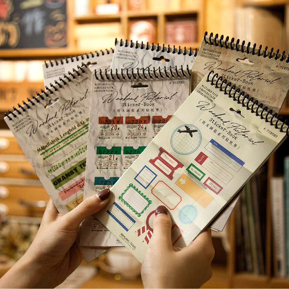 

6 Sheets Retro Sticker Coil Book Writable Label Stickers Scrapbooking Bullet Diary DIY Decoration Stationery Stickers