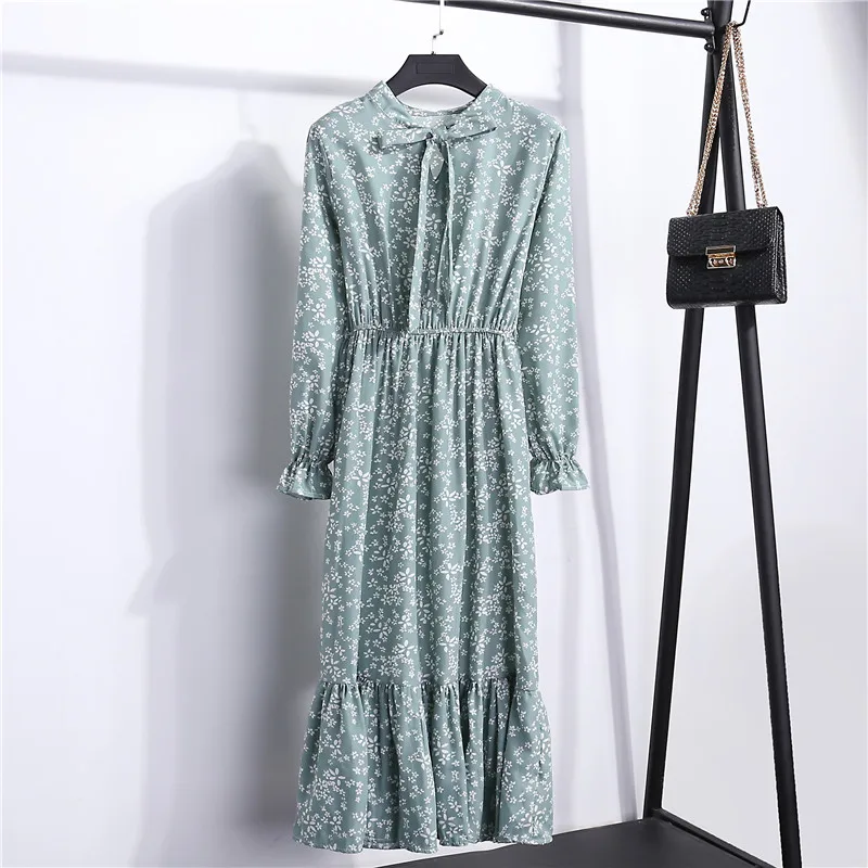 

2019 New Women Chiffon Dresses With Bow Spring Summer Long Sleeve Dress Female O-Neck High Waist Printing Dresses Ruffles Dress