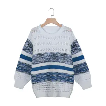 

Sweaters Women Winter O Neck Long Sleeve Stripes Print Hollow out Sweater Plus Size Sweaters Knitwear Pullovers Ladies Sweaters