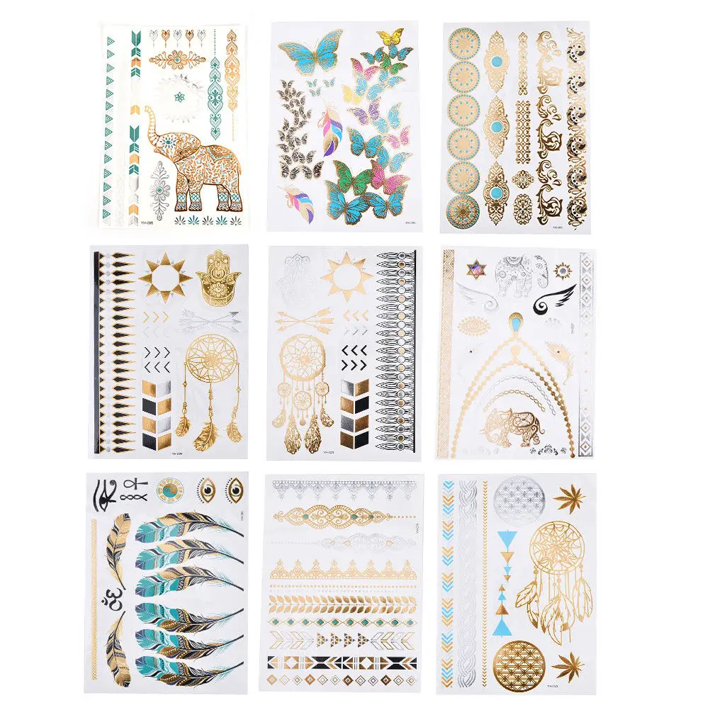 1PCS Flower Taty Design Tattoo Sticker Flash Metallic Waterproof Temporary Tattoo Gold Silver Tatoo