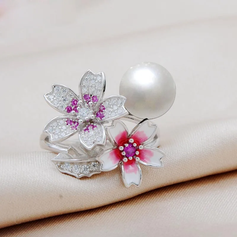 MeiBaPJ Настоящее серебро 925 проба розовый цветок ювелирный набор натуральный круглый жемчуг кулон кольцо и серьги Свадебные украшения для женщин