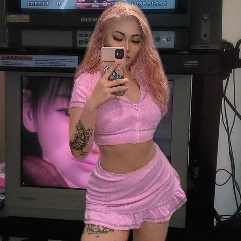 

sexy women two piece set summer v neck zipper crop top and elastic waist ruffle mini skirts street casual wear female skirts set