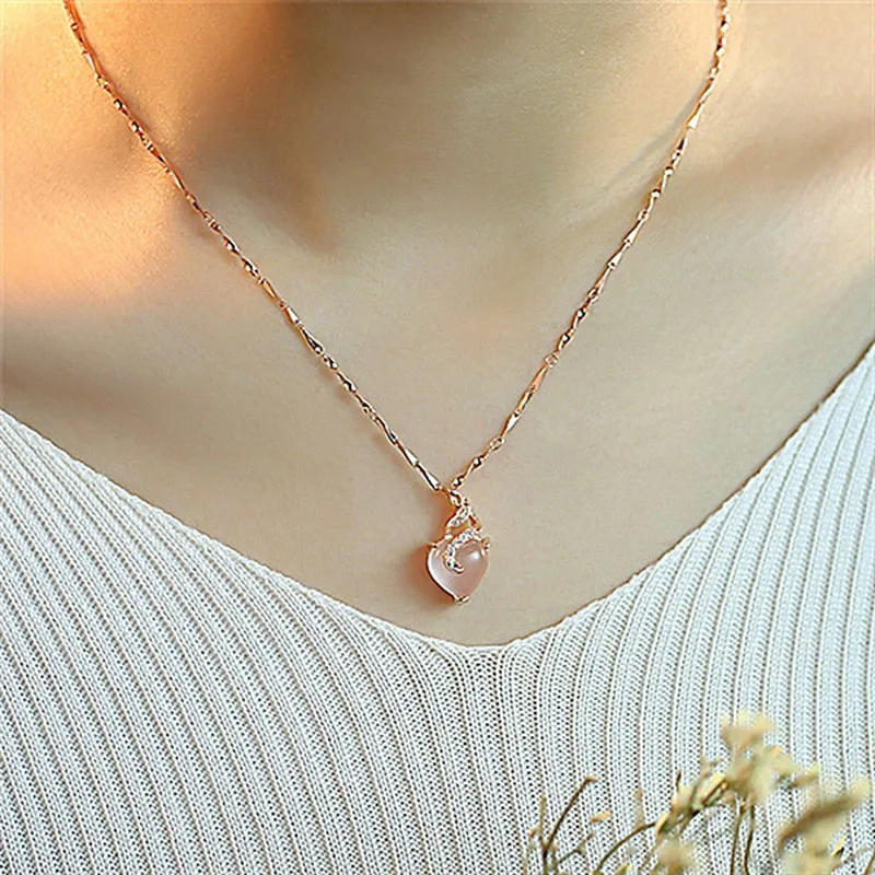 

Charm Heart-shaped Opal Necklaces & Pendants Rose Gold Chain White Crystal Necklace Graceful Bijoux Femme Gift For Friends