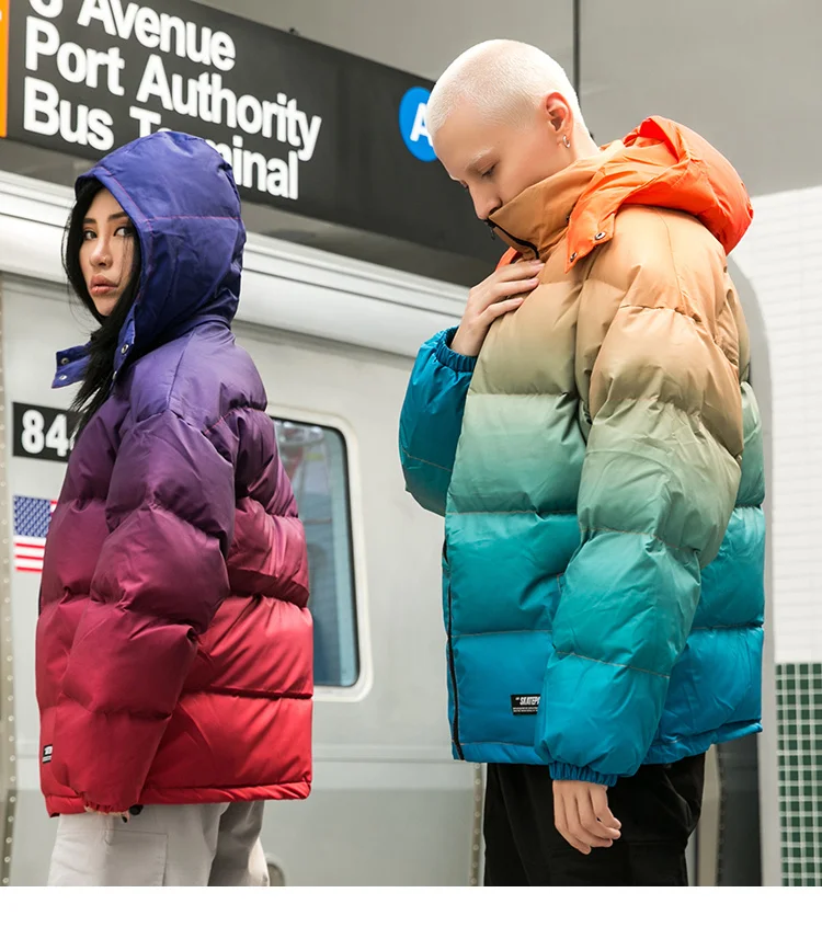 Парка с радужным градиентом со съемным капюшоном, Мужская Куртка Harajuku, плащ, ветровка, теплая толстая верхняя одежда, хип-хоп, Повседневная Уличная одежда