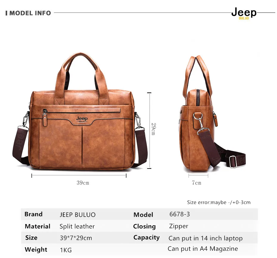Бренд JEEP BULUO, Большой Вместительный офисный портфель, сумка для мужчин, деловая мужская кожаная сумка, дорожные сумки на плечо, 14 дюймов, для ноутбука, Новинка