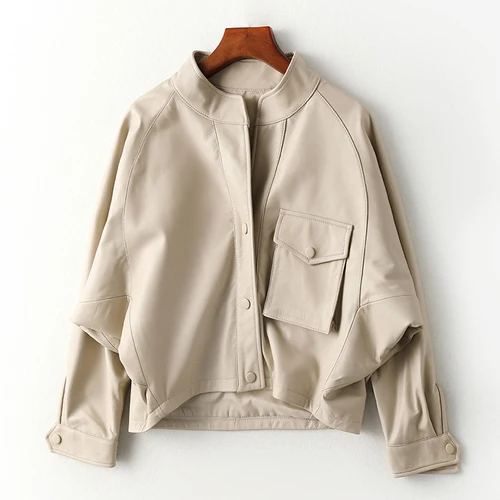 Новинка, Женская куртка из натуральной кожи, короткая, овчина, повседневная, Корейская, весна, осень, свободная, байкерская куртка O99053 KJ3562 - Цвет: White