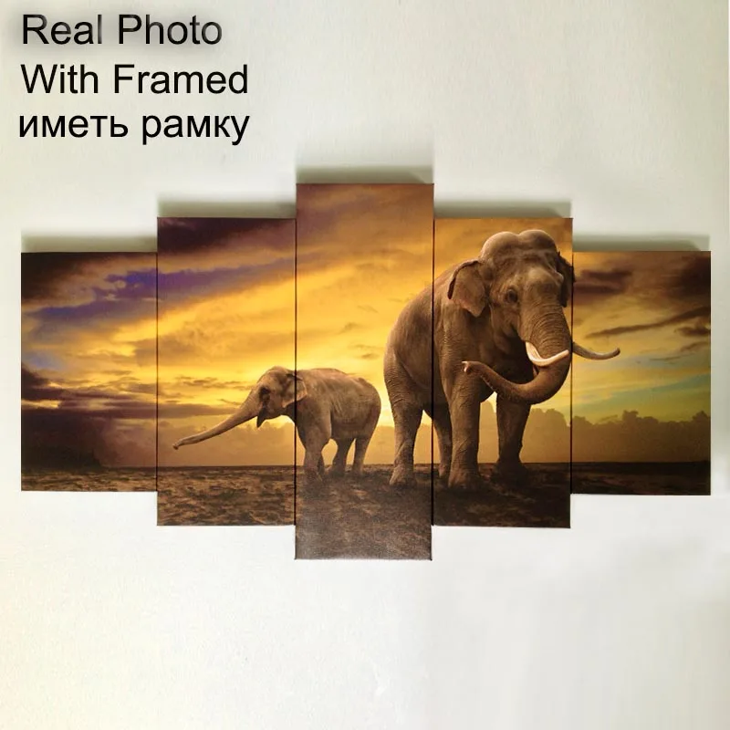 5 Panel Framed Canvas Art African Elephant In Sunset Painting HD Prints Modular Picture Framework for Home Decor | Дом и сад