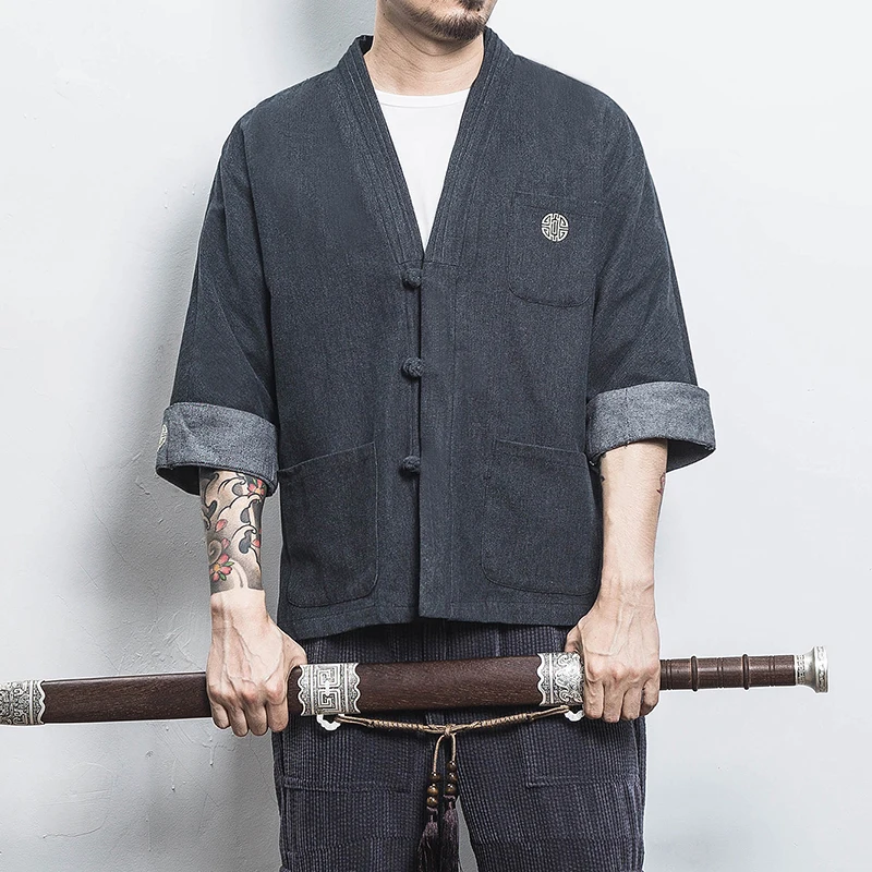 Mens Denim Shirts Summer Men Casual Cardigan Male Chinese Style Shirt Three Quarter Streetwear Open Stitch Shirts Men Dress