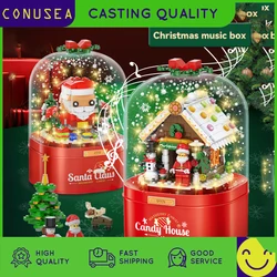 Blocs de construction décorations joyeux noël, jouets boîte à musique musicale, maison de poupée, maison de poupée, père noël, cadeaux pour garçons et filles 