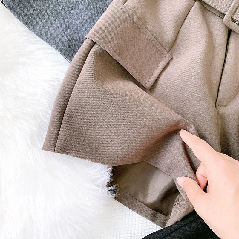 Wasteheart Autumn New Black Khaki Gray Polyester Shorts Women High Waist Camel Short Bottom Zipper Sashes England Style Formal