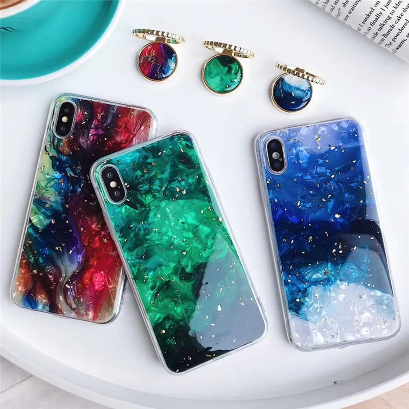 

Crystal Glitter Emerald marble phone Case For iPhone XS case Cover For iphone 7 plus 6 6s 8 Plus XR X XS Max finger ring fundas