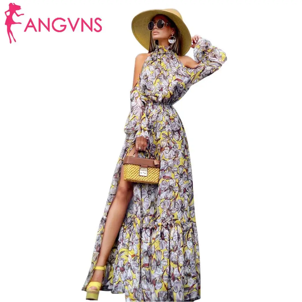 

Women Hanging Neck Printed Off Shoulder Casual Long Sleeve Maxi Casual,Beach Sping, Summer Long Dress Loose