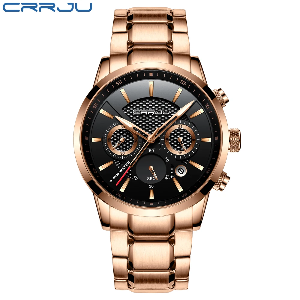 Relogio masculino CRRJU новые роскошные часы для мужчин нержавеющая сталь кварцевые бизнес часы наручные erkek коль saati reloj hombre - Цвет: rose gold black